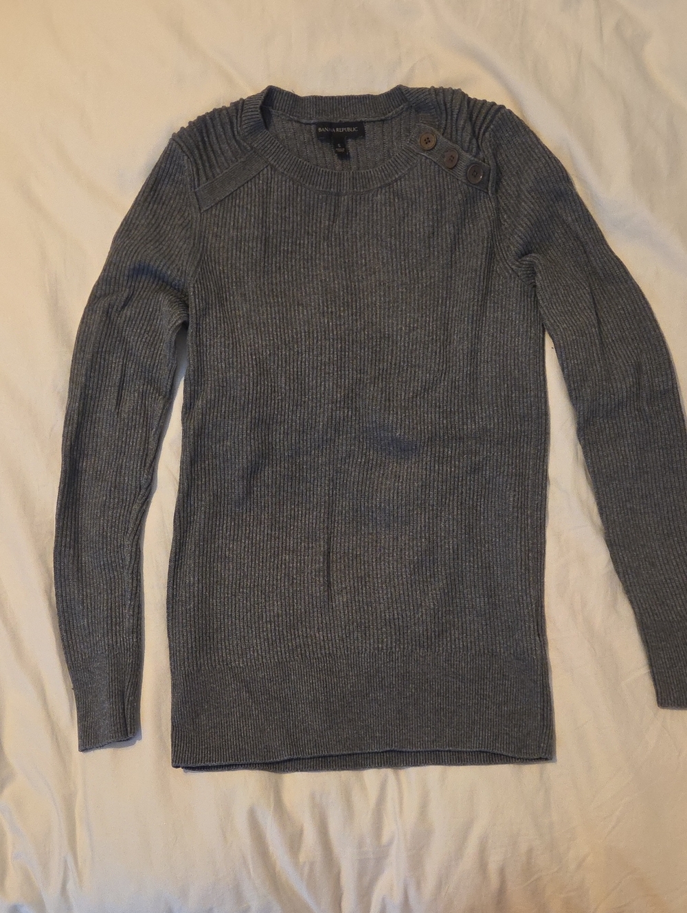 Banana Republic Men's Charcoal Ribbed Crewneck Sweater with Shoulder Buttons